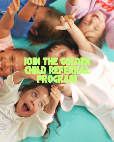 Children lying on a blue surface with text overlay 'Join the Golden Child Referral Program' in green.
