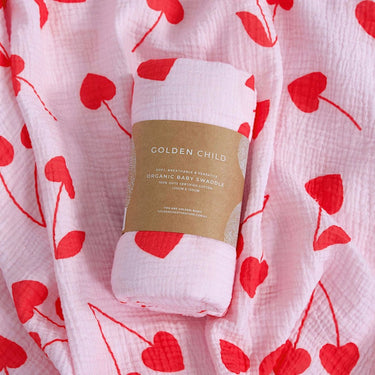 Cherry Heart Organic Cotton Baby Swaddle - Candy - Golden Child