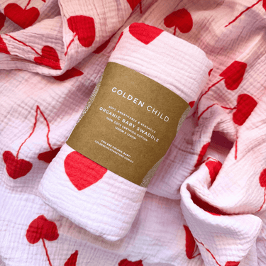 Cherry Heart Organic Cotton Baby Swaddle - Candy - Golden Child