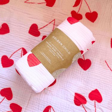 Cherry Heart Organic Cotton Baby Swaddle - Candy - Golden Child