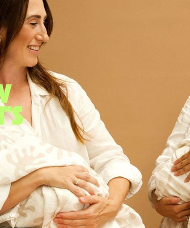 Two women holding newborn babies with promotional text on a beige background