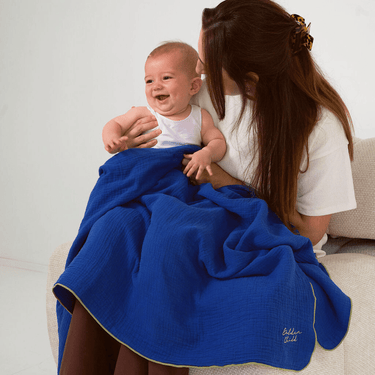 Retro Ribbed Trim Four Layer Gauze Cotton Blanket - Electric and Khaki - Golden Child