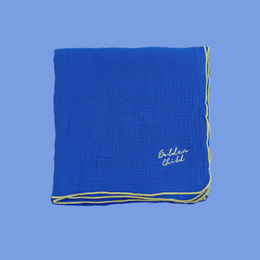 Retro Ribbed Trim Four Layer Gauze Cotton Blanket - Electric and Khaki - Golden Child
