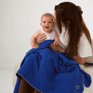 Retro Ribbed Trim Four Layer Gauze Cotton Blanket - Electric and Khaki - Golden Child