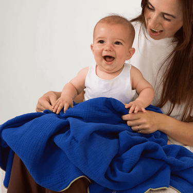 Retro Ribbed Trim Four Layer Gauze Cotton Blanket - Electric and Khaki - Golden Child
