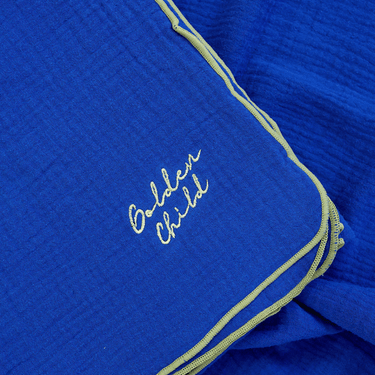 Retro Ribbed Trim Four Layer Gauze Cotton Blanket - Electric and Khaki - Golden Child