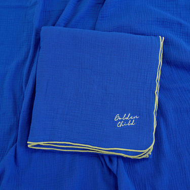Retro Ribbed Trim Four Layer Gauze Cotton Blanket - Electric and Khaki - Golden Child