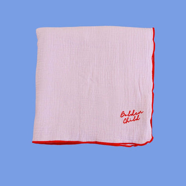Retro Ribbed Trim Four Layer Gauze Cotton Blanket - Lilac & Red - Golden Child