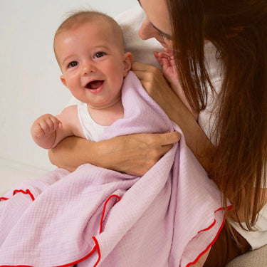 Retro Ribbed Trim Four Layer Gauze Cotton Blanket - Lilac & Red - Golden Child