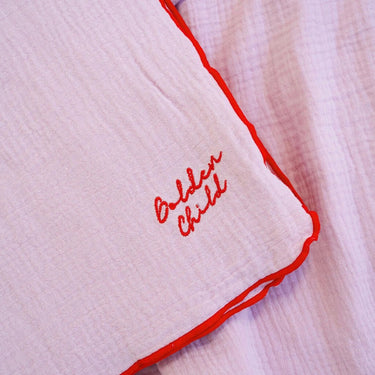 Retro Ribbed Trim Four Layer Gauze Cotton Blanket - Lilac & Red - Golden Child
