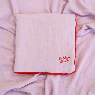 Retro Ribbed Trim Four Layer Gauze Cotton Blanket - Lilac & Red - Golden Child