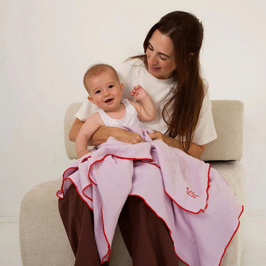 Retro Ribbed Trim Four Layer Gauze Cotton Blanket - Lilac & Red - Golden Child