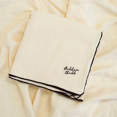 Retro Ribbed Trim Four Layer Gauze Cotton Blanket - Milk & Chocolate - Golden Child