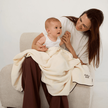 Retro Ribbed Trim Four Layer Gauze Cotton Blanket - Milk & Chocolate - Golden Child