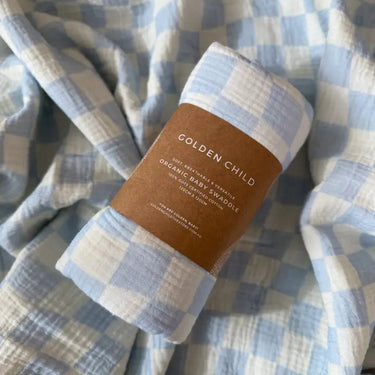 Wavy Baby Checked Organic Swaddle - Ocean - Golden Child