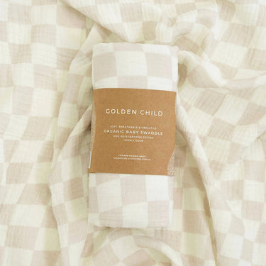 Wavy Baby Checked Organic Swaddle - Stone - Golden Child